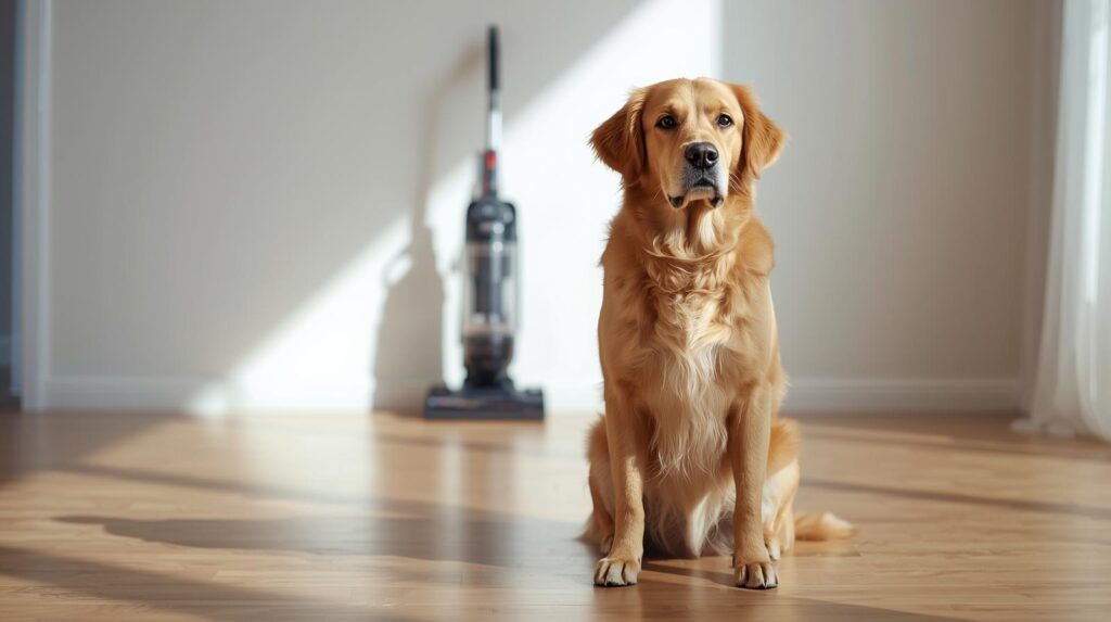 Dog sitting on a clean floor beside a vacuum, showing a clean home with pets