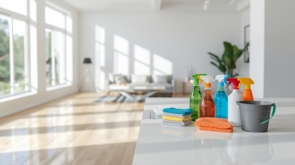 Deep cleaning services shown with professional cleaning products in a bright home
