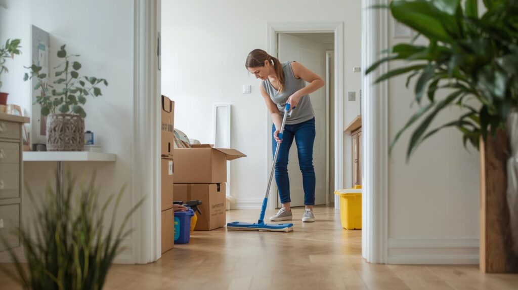 A renter performing move-out cleaning while comparing move out cleaning cost to potential deposit deductions
