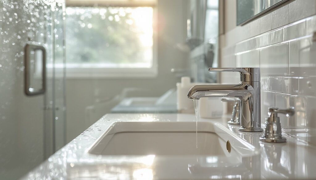 Clean bathroom sink and shower in a Houston home protected from summer humidity, mold, and hard water buildup